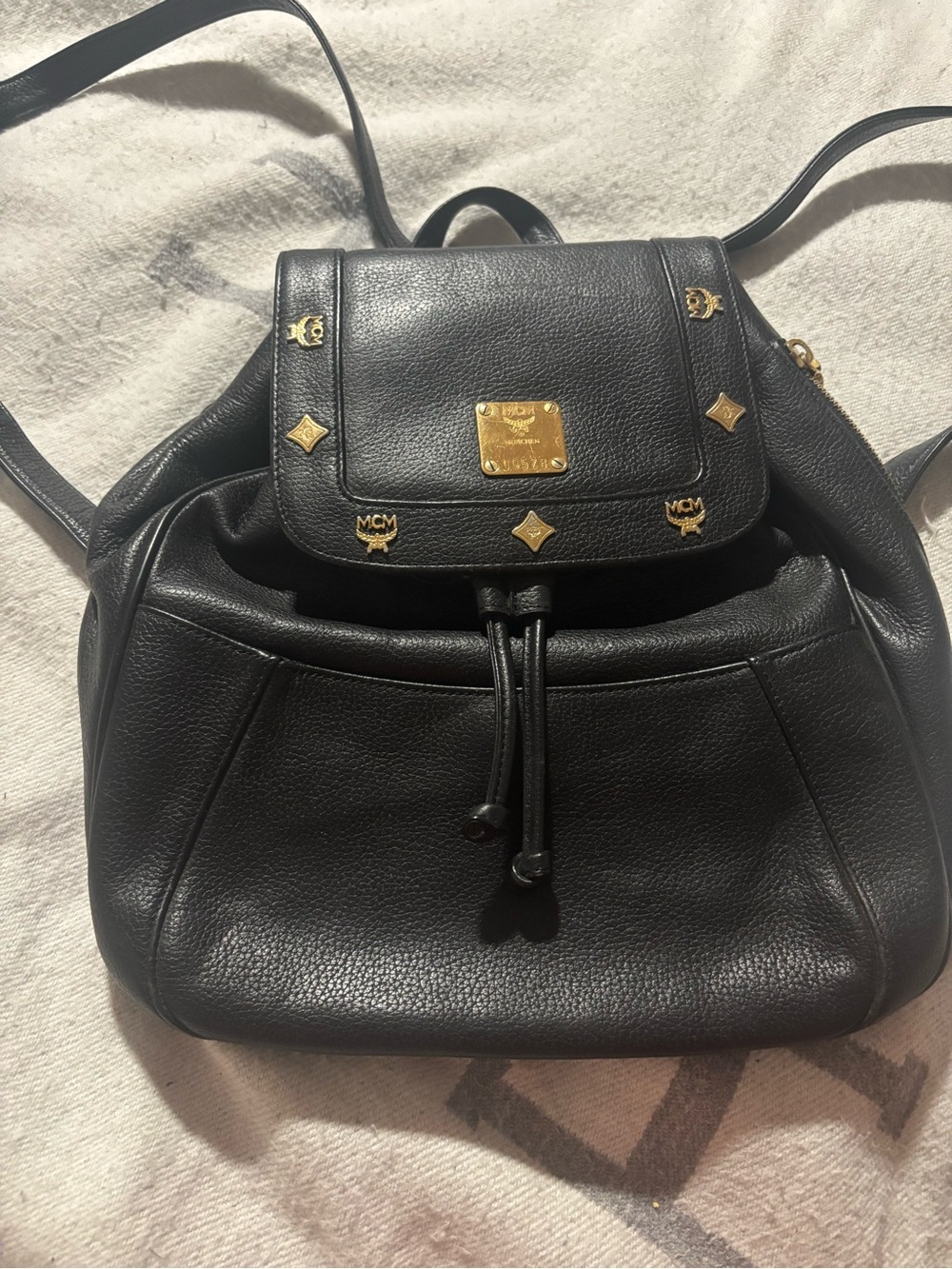 MCM Black Leather Backpack with Gold Plaque and Studs